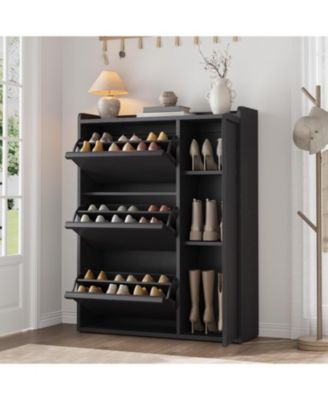 Shoe Storage Cabinet with 3 Flip Drawers & Side Door, Hidden Shoe Organizer with Adjustable Shelves, Freestanding Wooden Shoe Cabinet