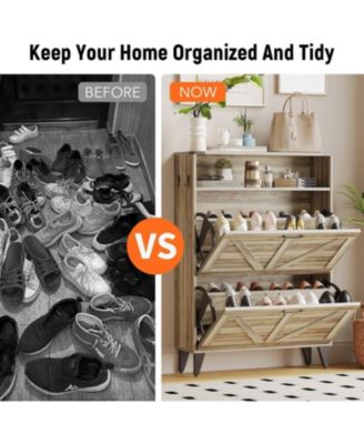 Shoe Cabinet with 2 Flip Drawers, Farmhouse Narrow Shoe Organizer with Adjustable Shelf.