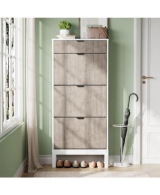 Shoe Storage Cabinet with 3 Flip Drawers, Farmhouse Fluted Shoe Organizer with Metal Legs, Freestanding Narrow Shoe Rack for Entryway