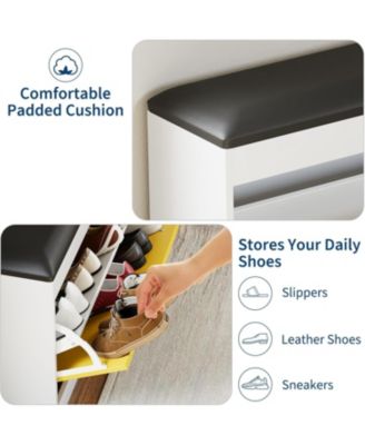 Modern Shoe Storage Bench with Flip Drawer & PU Cushion Seat, Entryway Shoe Cabinet Bench for Hallway Bedroom