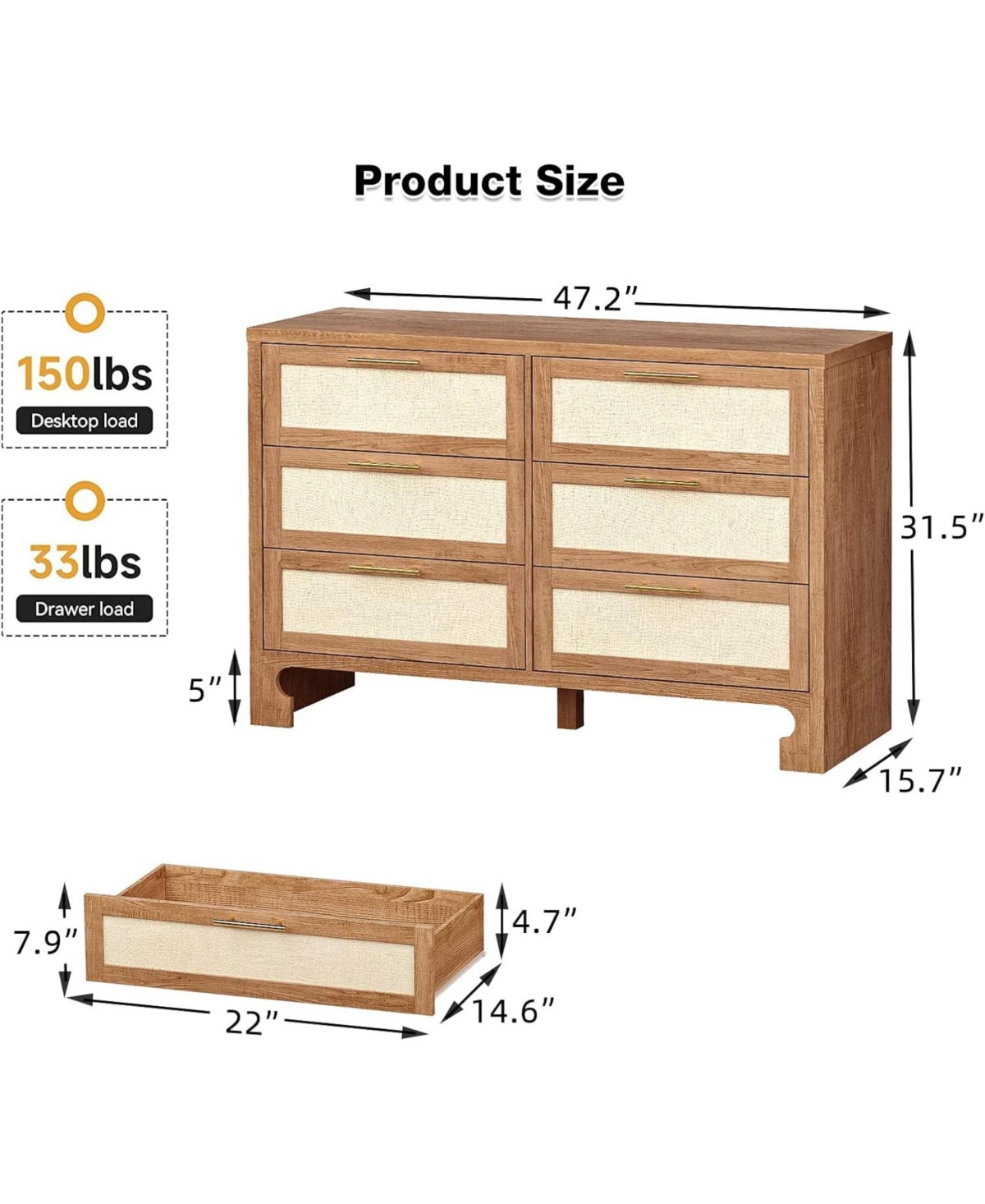 Gaomon Dresser for Bedroom with 6 Drawers, Burlap Design Wood Drawer Dresser Chest of Drawers for Closet, Living Room, Hallway, Kids Bedroom, Caramel