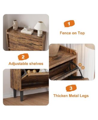 Shoe Cabinet with 2 Flip Drawers, Wooden Shoe Organizer with Adjustable Shelf, Shoe Storage for Entryway,Rustic Brown