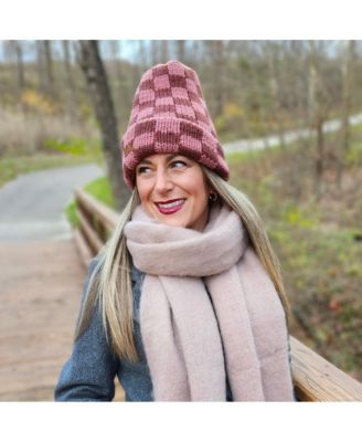 Women's Two-Tone Checkerboard Knit Beanie - Pink + Brown