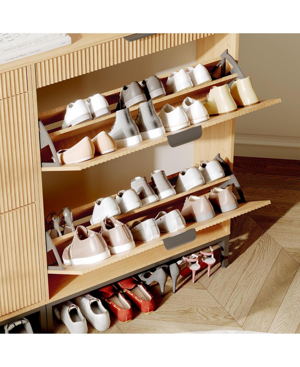 Goamon Modern White Fluted Shoe Storage Cabinet with 2 Flip Drawers & Pull-Out Drawer & Hook