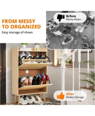 Rattan Shoe Cabinet for Entryway, Holds 12-18 Pairs of Shoes, Anti-Tip Design for Closet