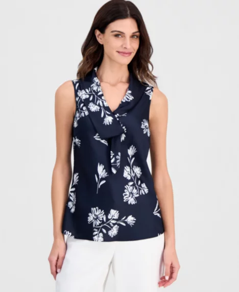Petite Sailor Tie V-Neck Blouse - Navy Ivory
