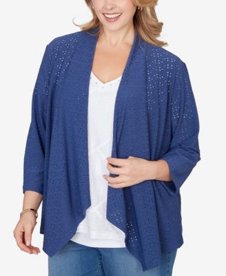 Plus Size Solid Eyelet Cascade Cardigan with 3/4 Sleeve
