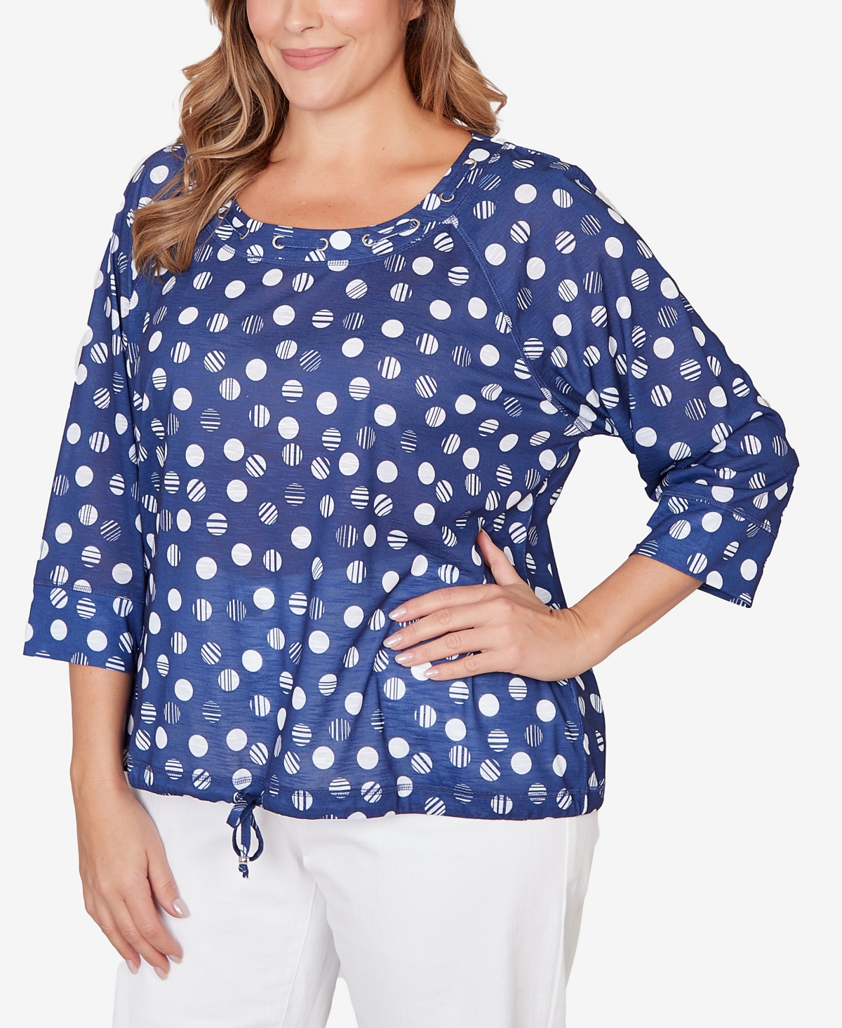 Hearts Of Palm Plus Printed Grommet Neck Blouson Top