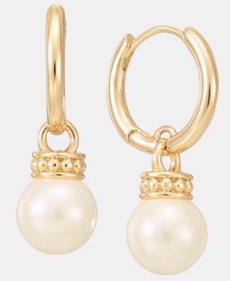 Gold-Tone Glass Pearl Drop Huggie Earrings 