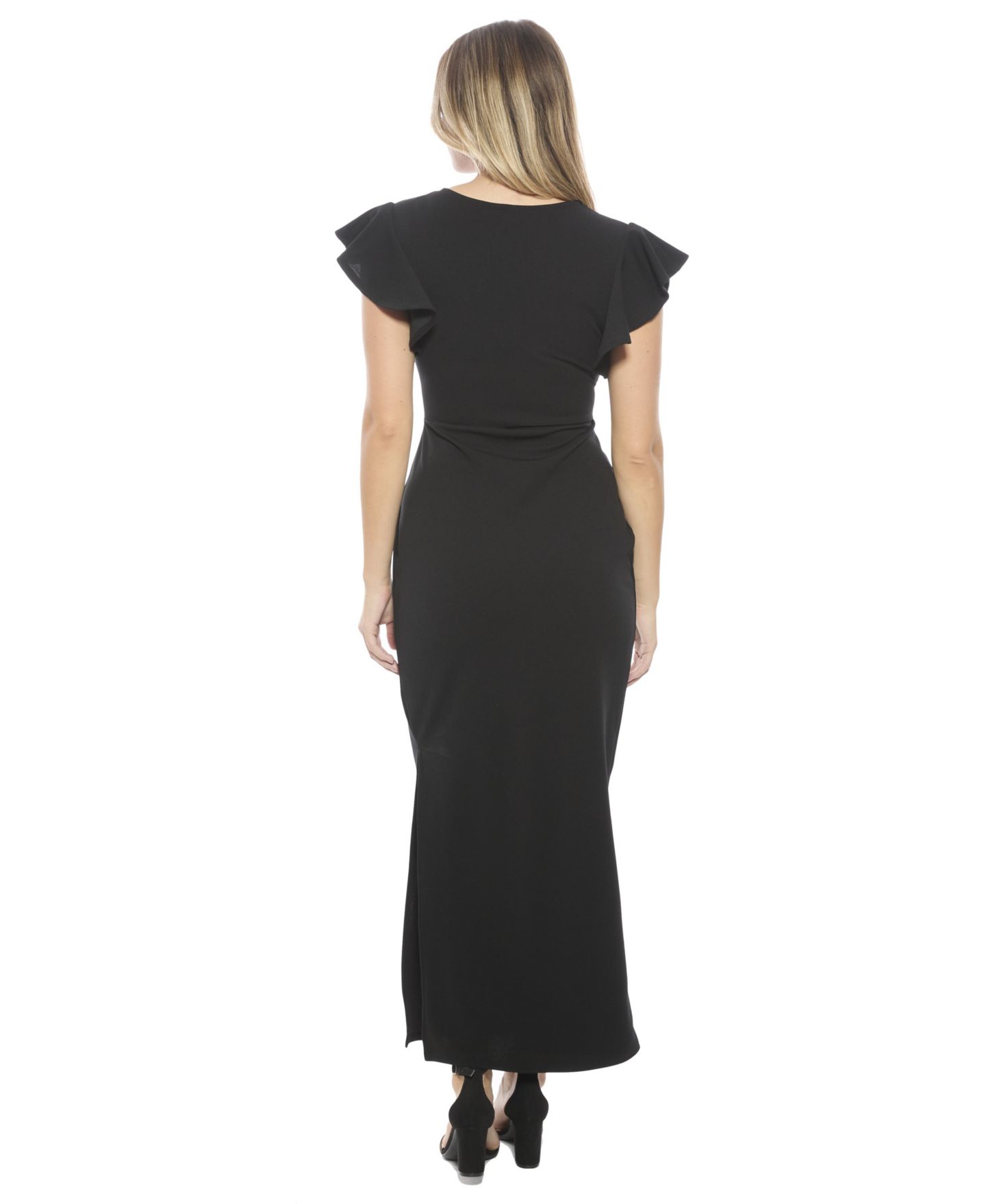 Женское платье 24seven Comfort Apparel Solid V-Neck Tulip Hem Ruffle Sleeve Faux Wrap Maxi, цвет: Чёрный — фото 3