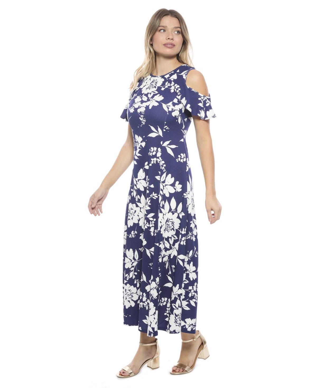 24seven Comfort Apparel Women's Floral Ruffle Sleeve Cold Shoulder A-Line Maxi Dress