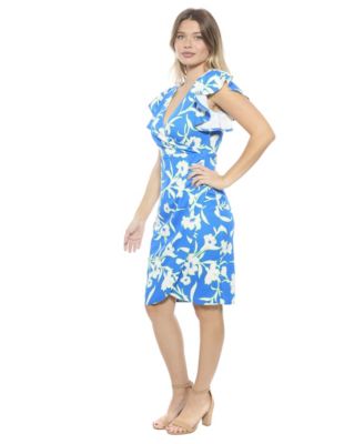 Women's Floral Flutter Sleeve Faux Wrap Knee Length Dress