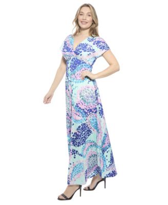 Women's Abstract V-Neck Empire Waist Cap Sleeve Maxi Dress