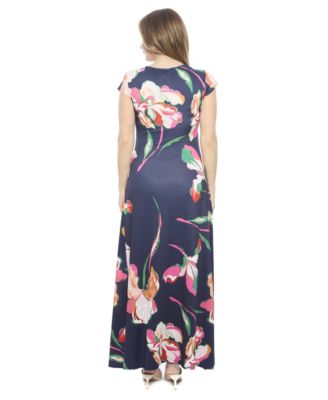Women's Floral V-Neck Cap Sleeve Ruched Front Maxi Length Dress