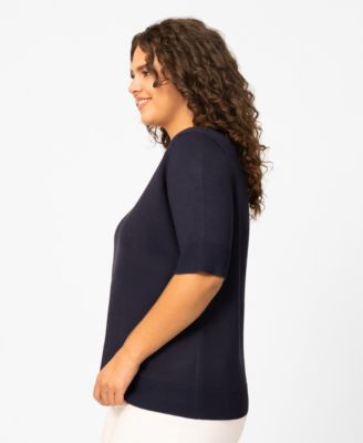 Plus Size Whip Stitch Elbow-Sleeve Knit Sweater