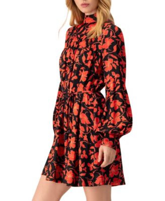 Women's Mini Dress with Red Floral Print and Drawstring Waist