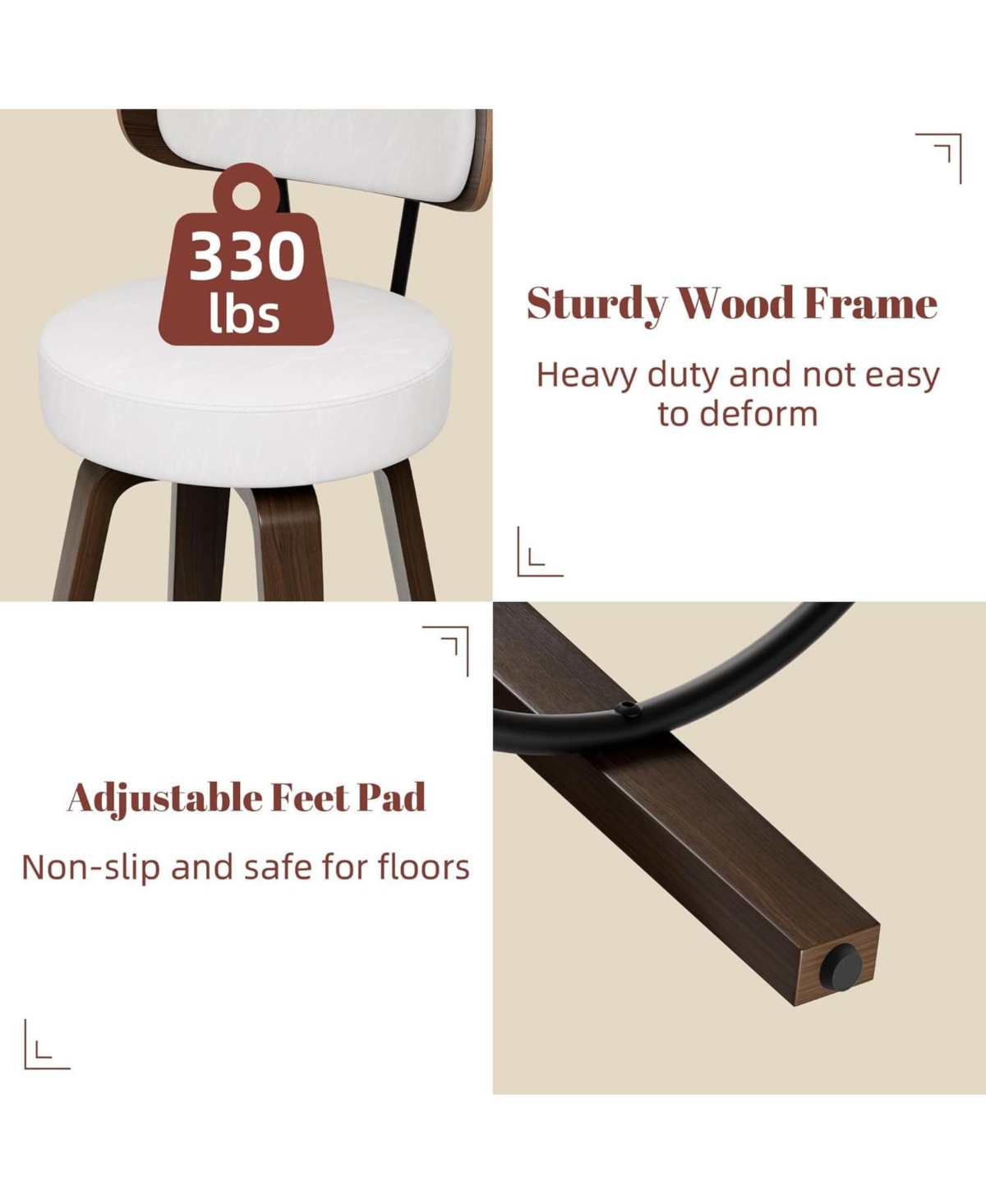 Dyhome 24 inches Bar Stools Set of 2, Counter Height Bar Stools with Leather Pad Wood Back, Leather Upholstered Barstools for Kitchen Island, Cafe