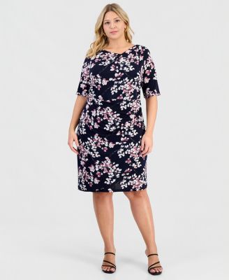 Plus Size Printed Elbow-Sleeve Faux-Wrap Dress
