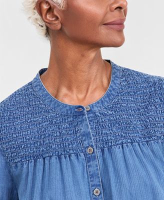 Women's Cotton Chambray Smocked Blouse