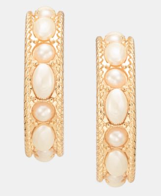 Small Imitation Pearl C-Hoop Earrings, 0.65"