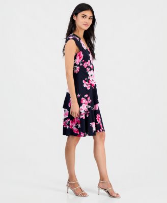 Petite Floral-Print Ruffle Cap-Sleeve Dress