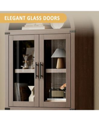 71.6" Arched Display Cabinet, 5-Tier Arched Bookcase with Glass Doors, Bookshelf, Kitchen Pantry, Modern Fluted Wooden Storage