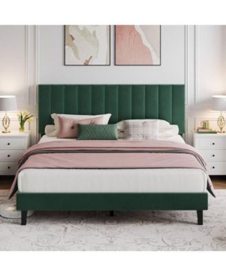 Bed Frame, Velvet Upholstered Platform Bed with Adjustable Vertical Channel Tufted Headboard, No Box Spring Needed, Easy Assembly