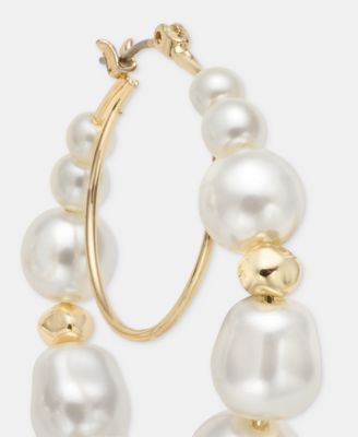 Medium Baroque Imitation Pearl Hoop Earrings, 1.7" 