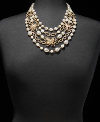 Imitation Pearl Flower Layered Statement Necklace, 16" + 3" extender