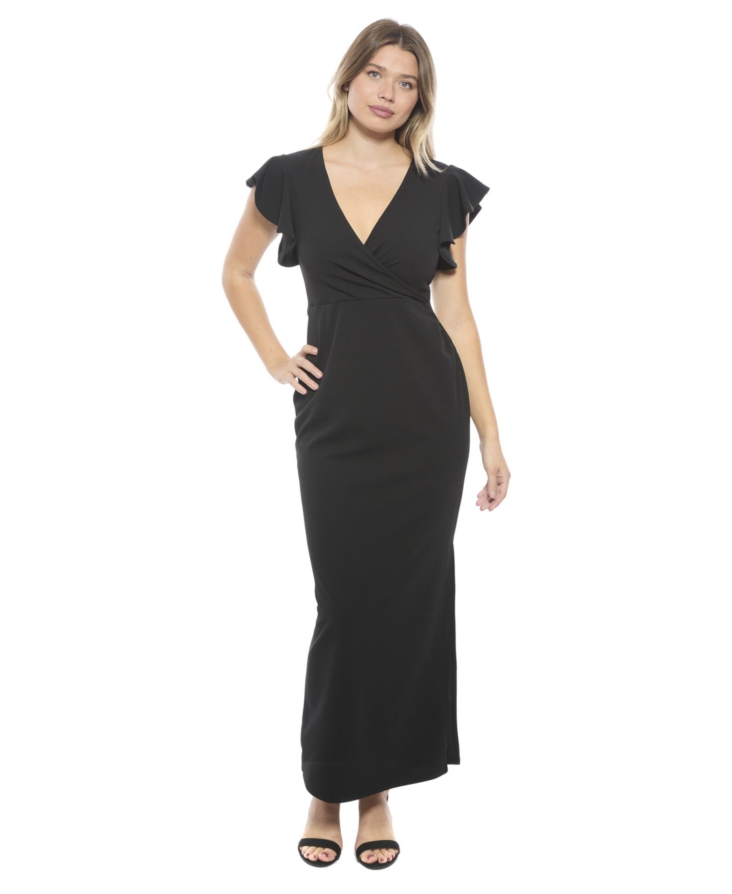 Женское платье 24seven Comfort Apparel Solid V-Neck Tulip Hem Ruffle Sleeve Faux Wrap Maxi, цвет: Чёрный — фото 1
