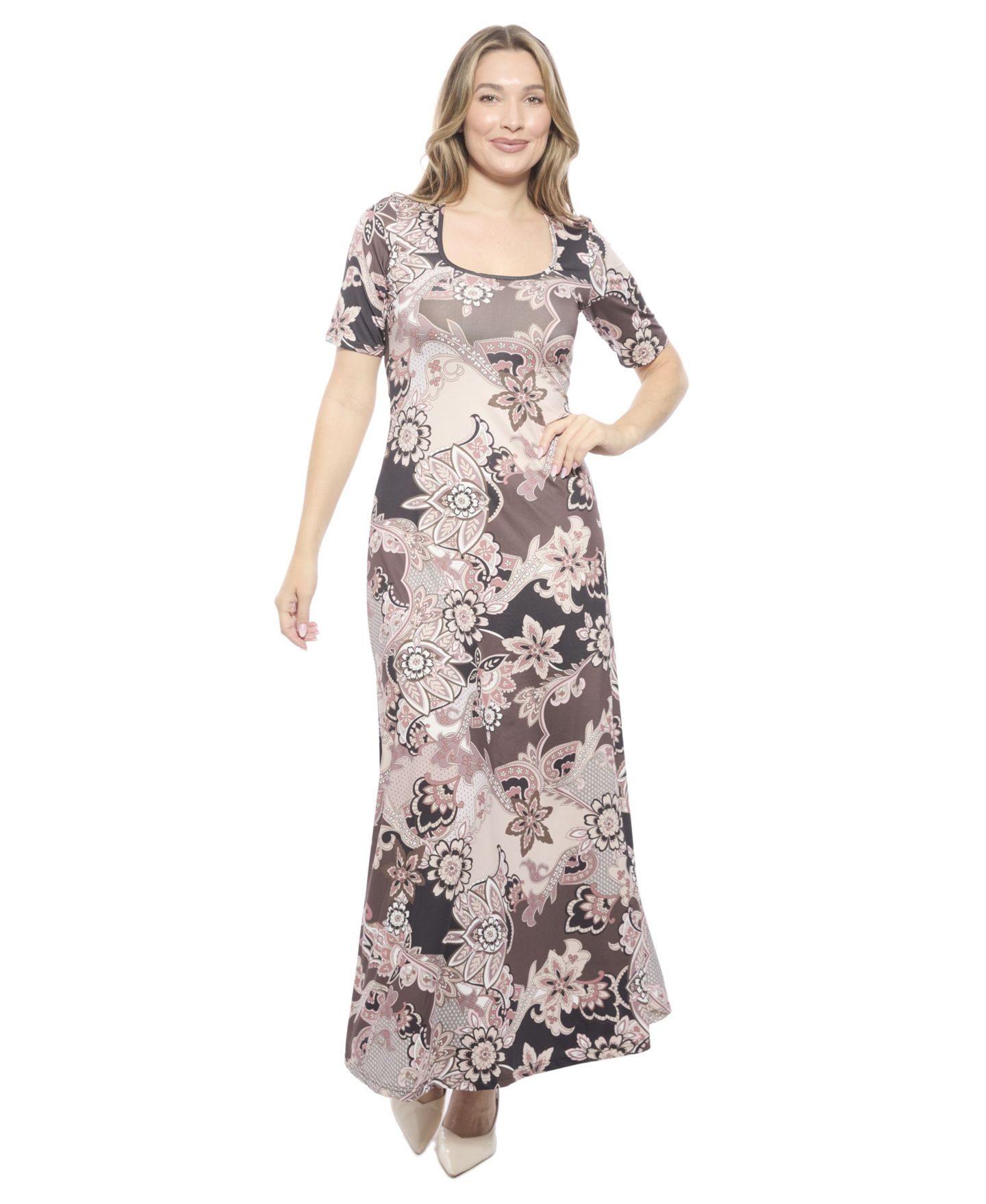 Женское платье 24seven Comfort Apparel Paisley Scoop Neck Elbow Sleeve A-Line Maxi, цвет: С принтом — фото 1