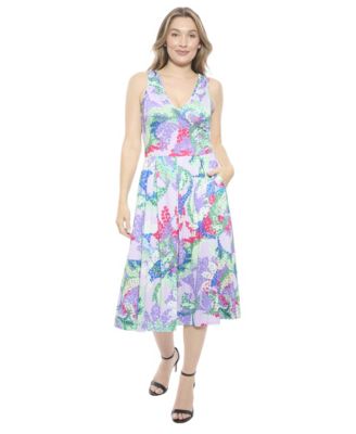 Women's Abstract V-Neck Sleeveless Pleated Pocket Midi Fit N Flare Dress