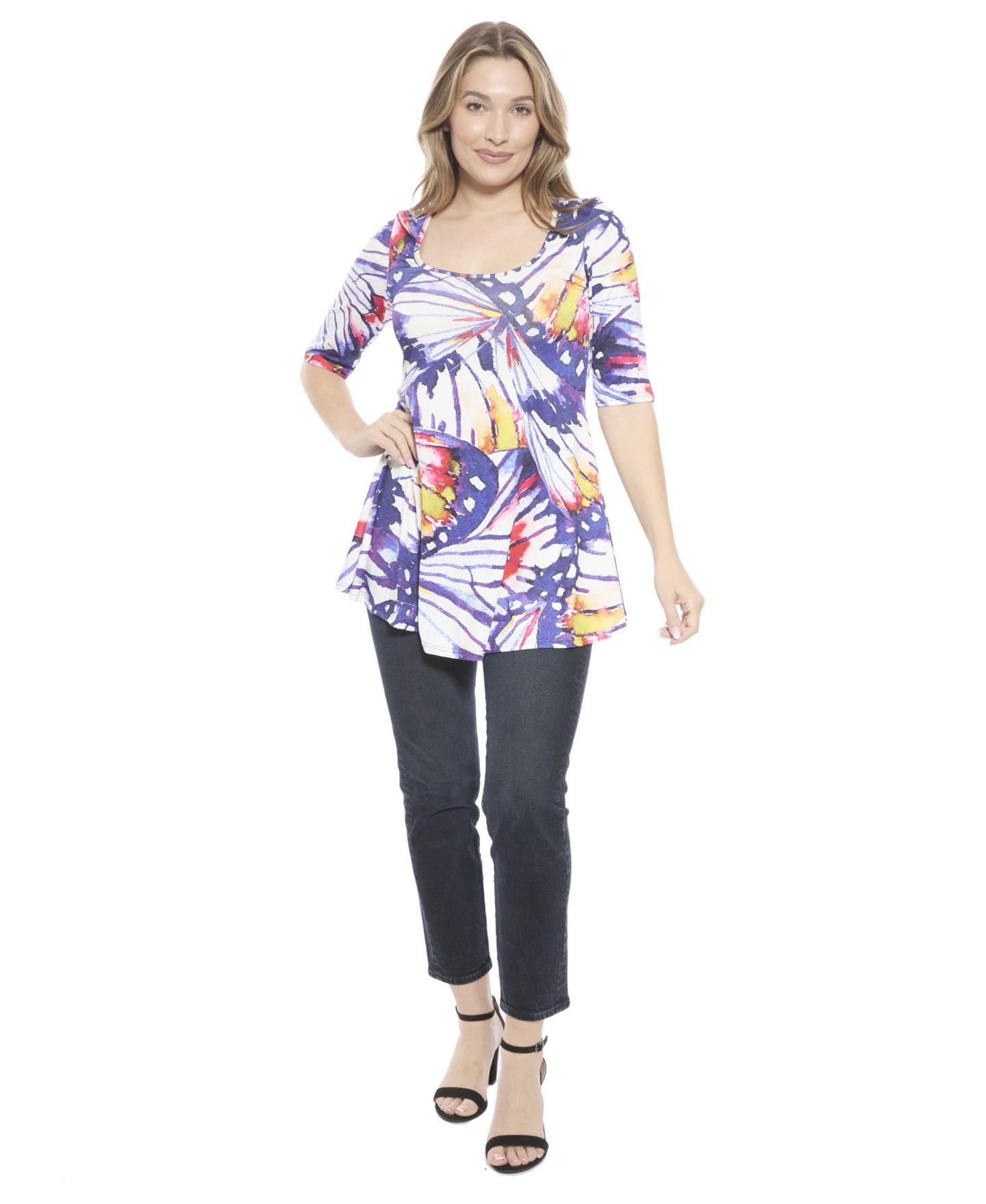 Женский топ 24seven Comfort Apparel Butterfly Scoop Neck Elbow Sleeve Tunic Top, цвет: С принтом — фото 1