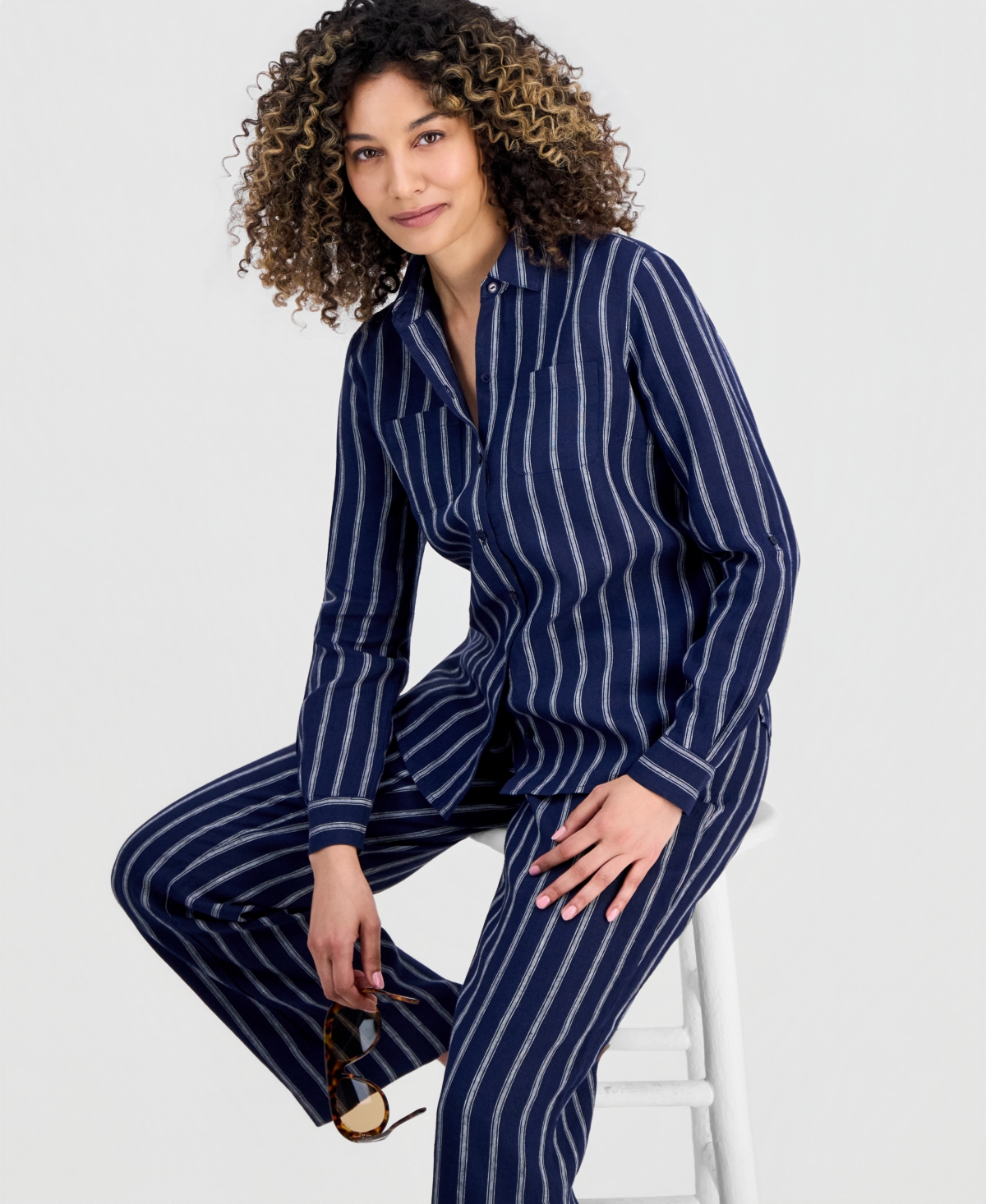 Charter Club Petite Linen Savannah Stripe Roll-Tab Shirt, Macy's Exclusive