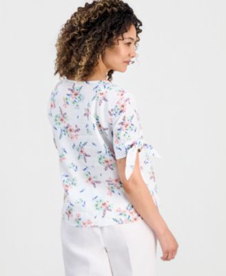 Petite Linen Shannons Garden Tie-Sleeve Top