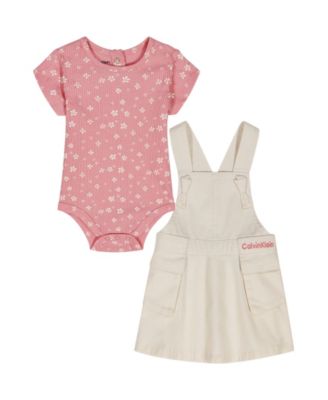 Baby Girls' Ribbed Printed Bodysuit & Denim Overall, 2-Piece Set