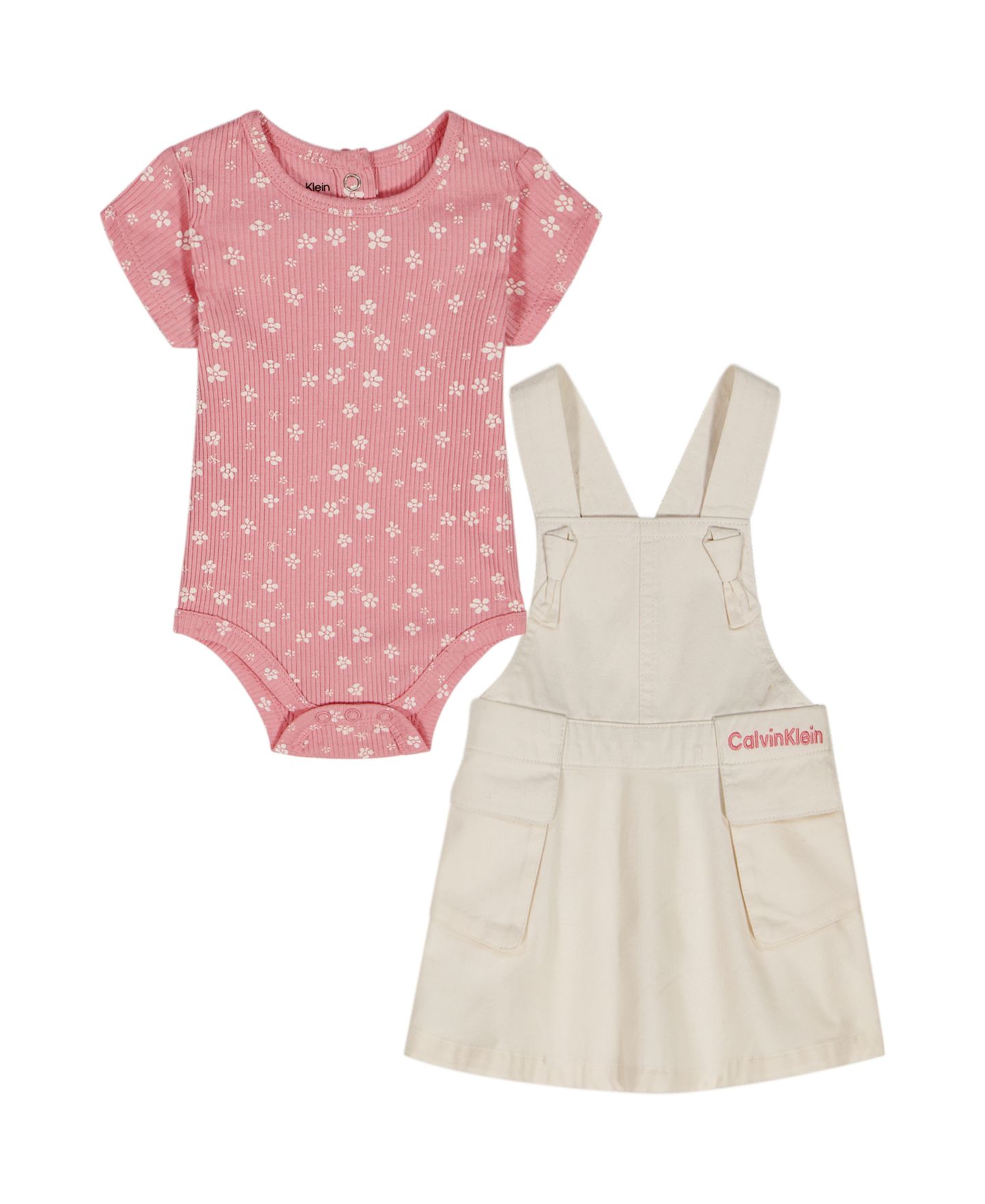 Комплект Calvin Klein Ribbed Printed Bodysuit & Denim Overall, 2-Piece Set для девочек-малышей, цвет: Кремовый / Розовый — фото 4