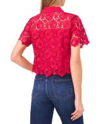 Women's Short Sleeve Button-Down Lace Top