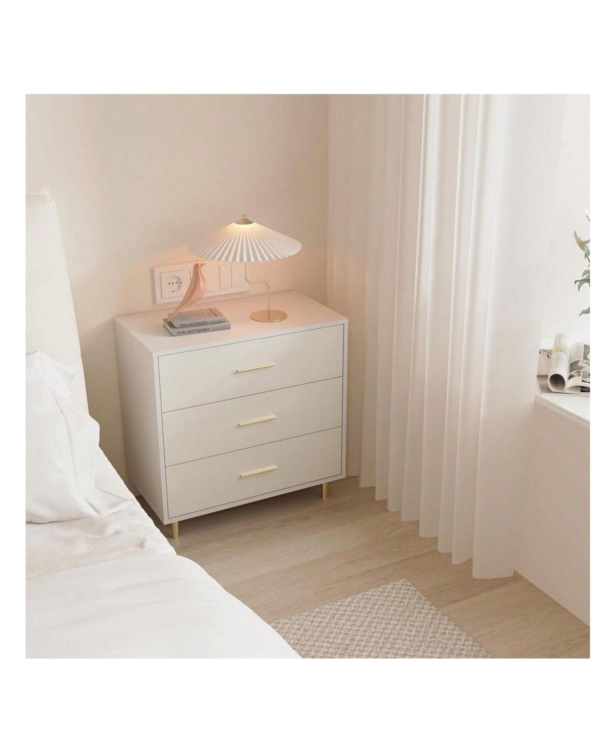 Gaomon Modern White 3-Drawer Slim Nightstand, Gold Metal Legs Bedside Dresser for Small Bedroom Spaces
