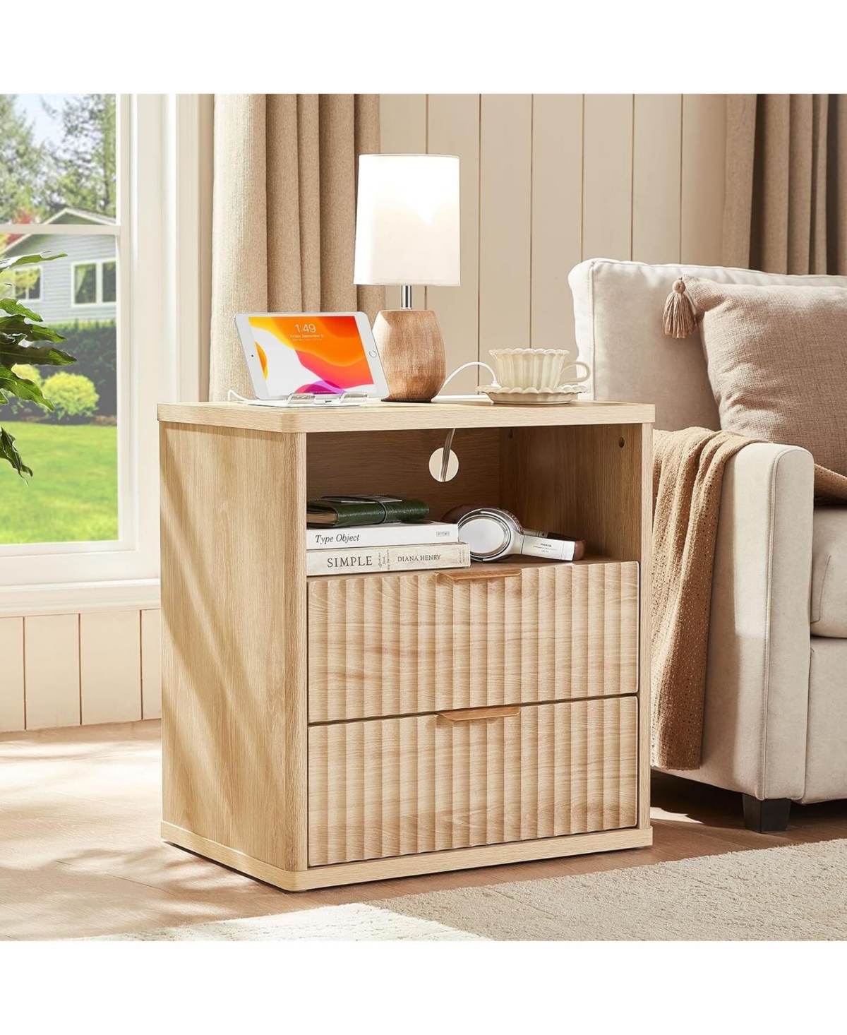 Gaomon Set of 2 Fluted Farmhouse Nightstands, 2-Drawer End Table with Usb Charging Station