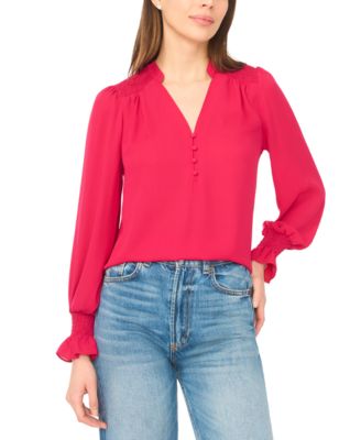 Women's Long-Sleeve V-Neck Smocked Top