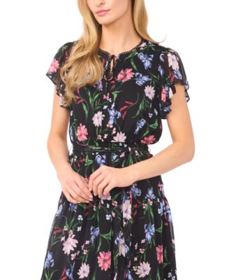 Women's Ruffle Detail Tie Neck Midi Dress