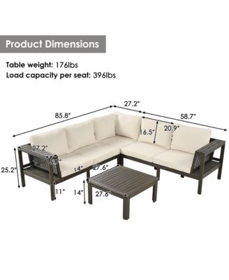 4 Piece Outdoor Acacia Wood L Shaped Patio Sofa Set with Coffee Table Woven Mesh Armrests Beige Cushions for Garden Poolside