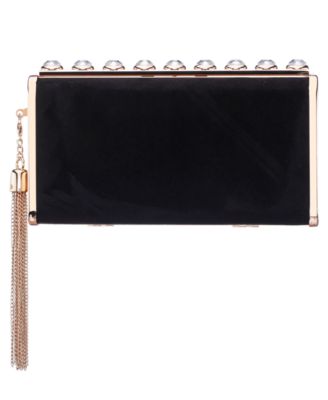 Crystal Ornamented Minaudiere Tassel Lift Lock Clutch