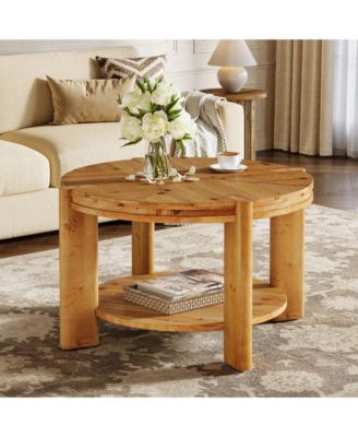 Round Solid Wood Coffee Table, 29.5" Farmhouse Circle Accent Center Tables, 2 Tiers Open-Style Storage Cocktail Tea Furniture