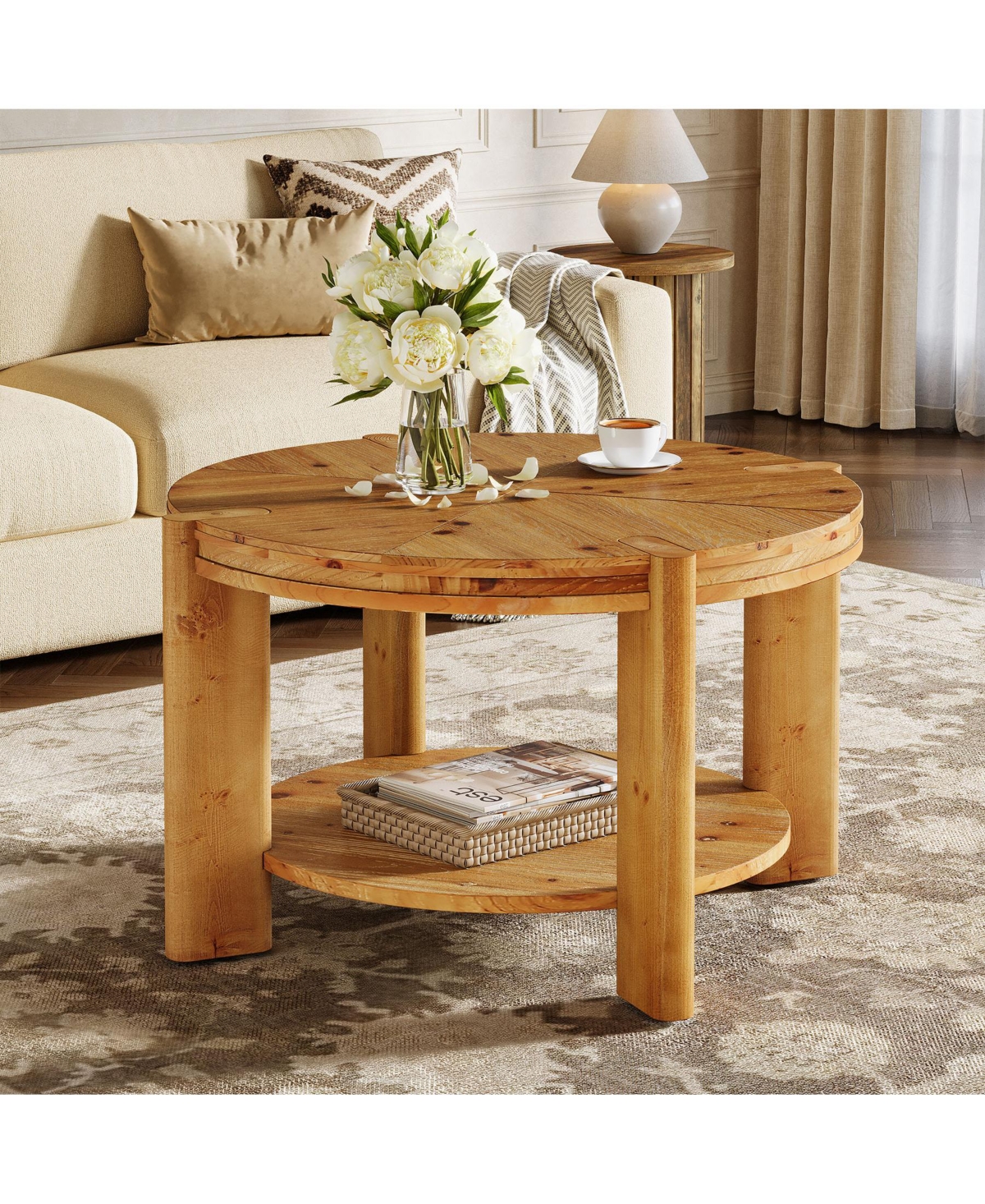 Tribesigns Round Solid Wood Coffee Table, 29.5" Farmhouse Circle Accent Center Tables, 2 Tiers Open-Style Storage Cocktail Tea Furniture