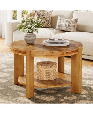 Round Solid Wood Coffee Table, 29.5" Farmhouse Circle Accent Center Tables, 2 Tiers Open-Style Storage Cocktail Tea Furniture