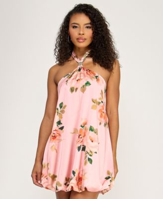 Juniors' Floral Halter Neck Short Dress