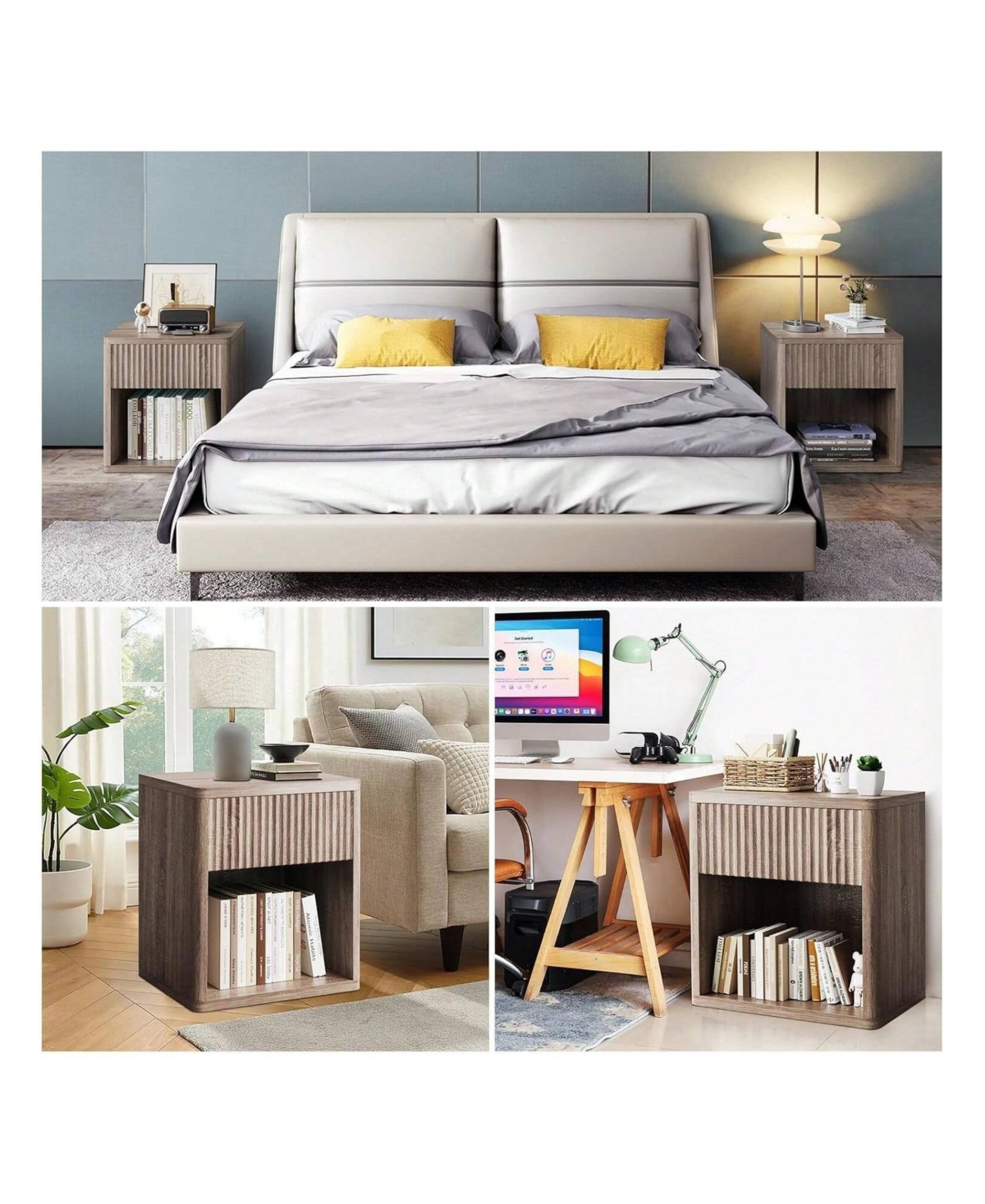 gaomon Set of 2 Mid Century Fluted Wood Nightstands, Modern Farmhouse Drawer Storage End Table for Bedroom