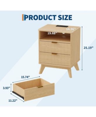 1PC Natural Oak Fluted Wood Nightstand, 2-Drawer Bedside Table with USB Charging Station & Outlets